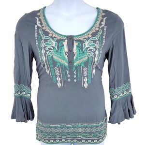 Monoreno Teal and Grayish Blue Top With Floral Tribal/ Chevron Embroidery Size L